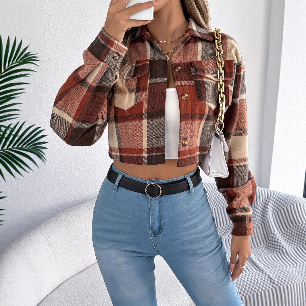 Color-block Plaid Long-sleeve Wool Short Jacket Coat - Image 2