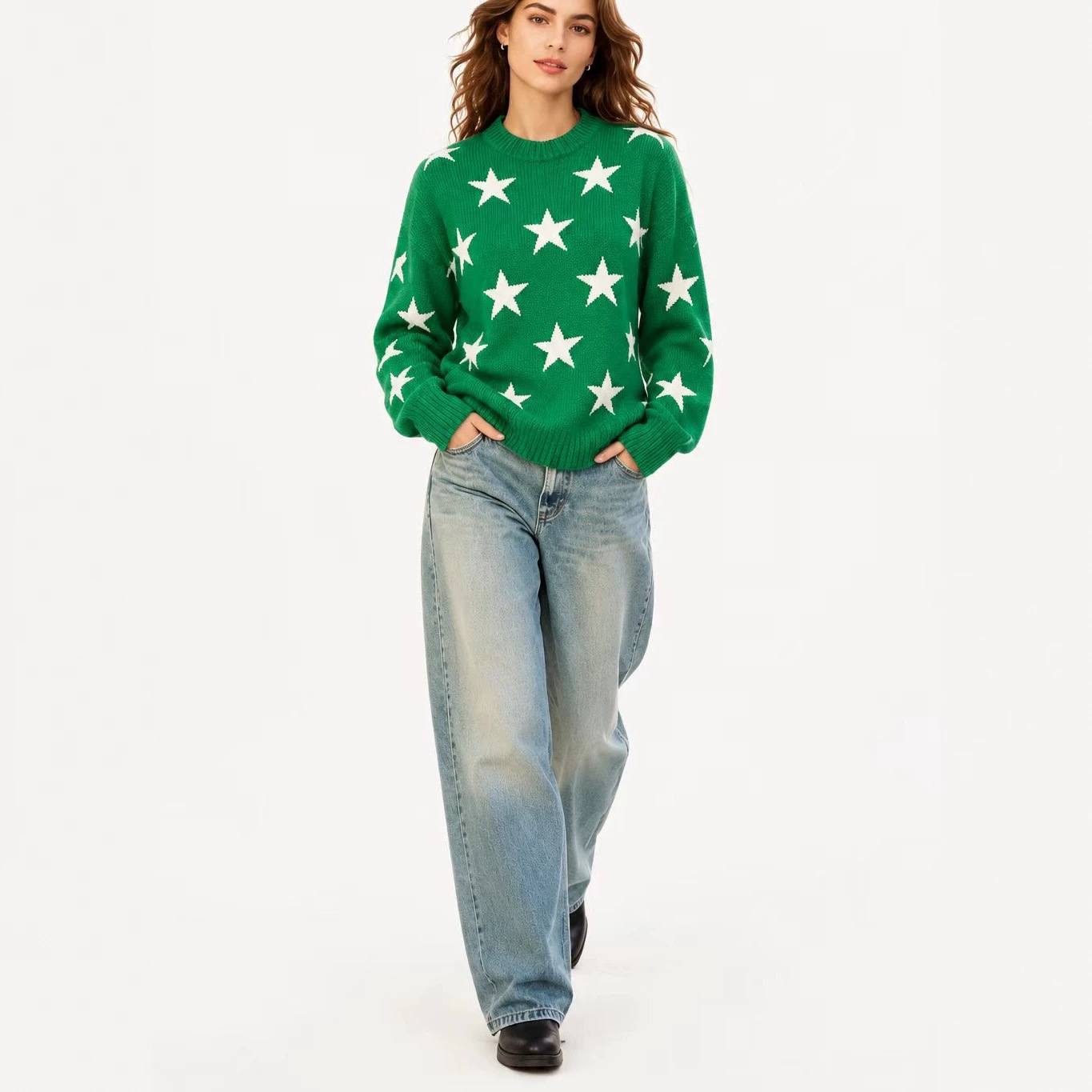 Womens Retro American-Style Star Jacquard Crew-Neck Sweater - Image 3