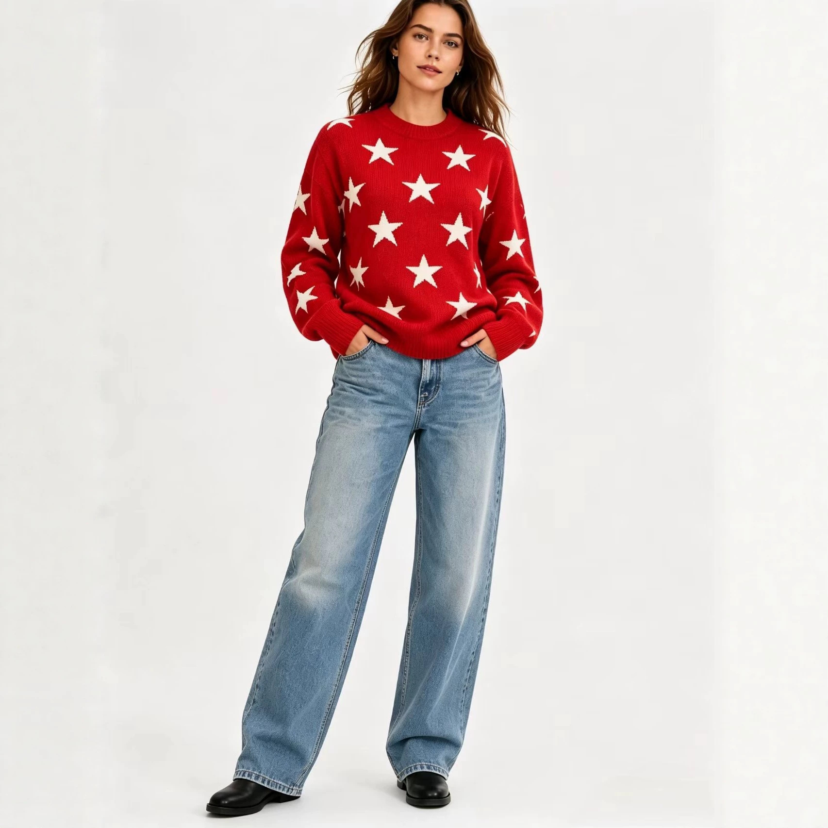 Womens Retro American-Style Star Jacquard Crew-Neck Sweater - Image 5