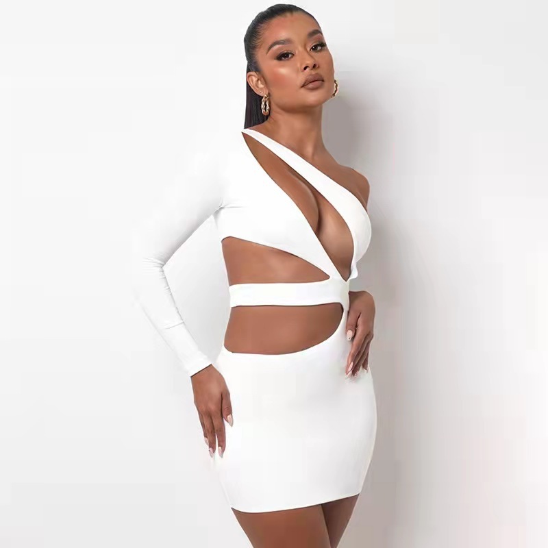 Womens Stylish Off-shoulder Long-sleeve Hollow-out Sheath Dress - Image 6