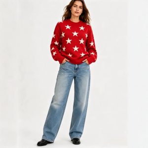 Womens Retro American-Style Star Jacquard Crew-Neck Sweater