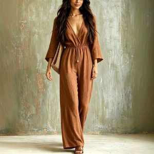 Bohemian-style V-neck Loose-fit Wide-leg...