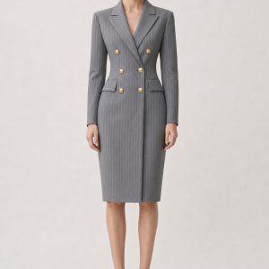 Grey Pinstripe Double-Breasted Blazer Mi...