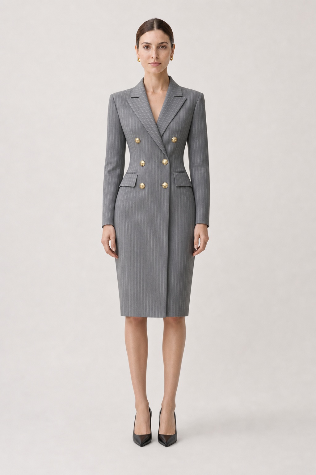 Grey Pinstripe Double-Breasted Blazer Midi Dress