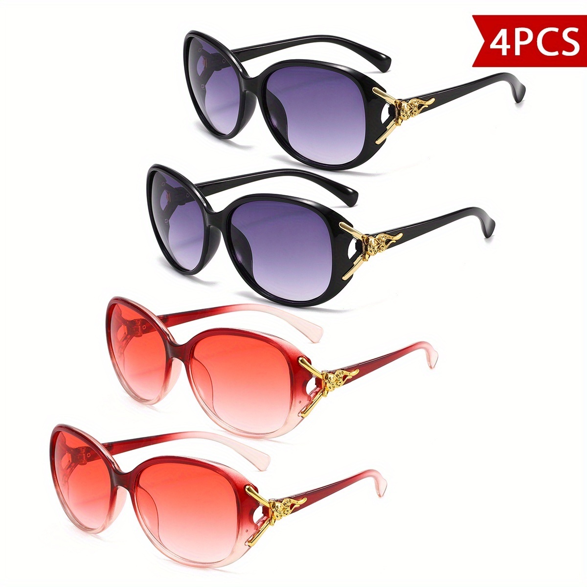 4 Pcs Oversized Oval Sunglasses For Women Uv400 Protective Gradient Lens Eyewear Delicate Gold Metal Side Ornament Comfortable Curved Temple Suitable For Beach Travel Parties And Daily Fashion Outfit - Image 3