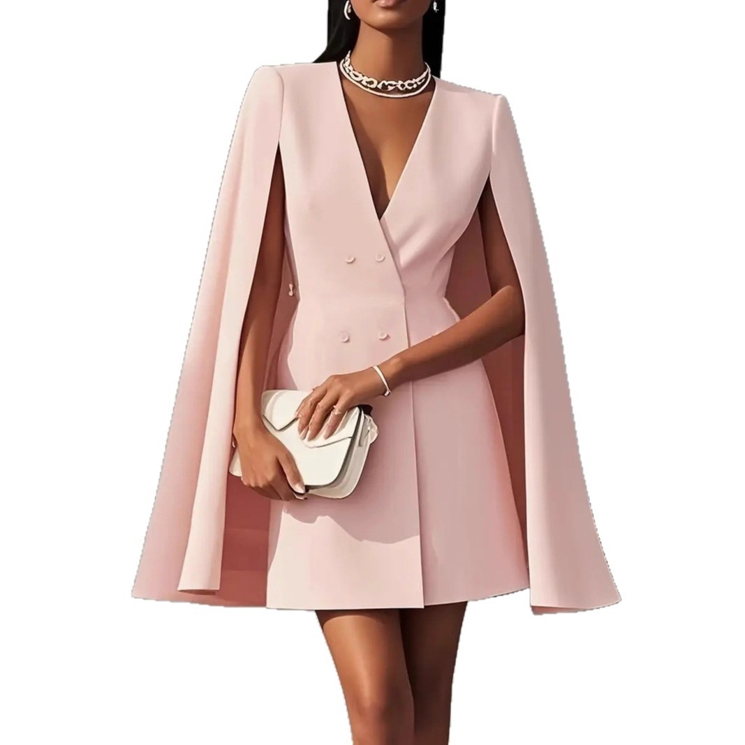 2026 European And American Cross-Border Foreign Trade Women's Clothing Autumn Double-Breasted Shawl Cape Solid Color Suit Dress For Women - Image 5