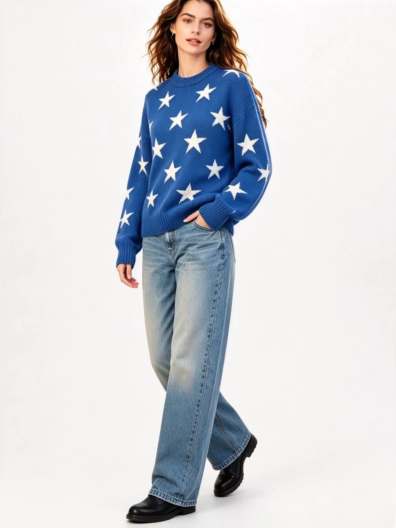Womens Retro American-Style Star Jacquard Crew-Neck Sweater - Image 7