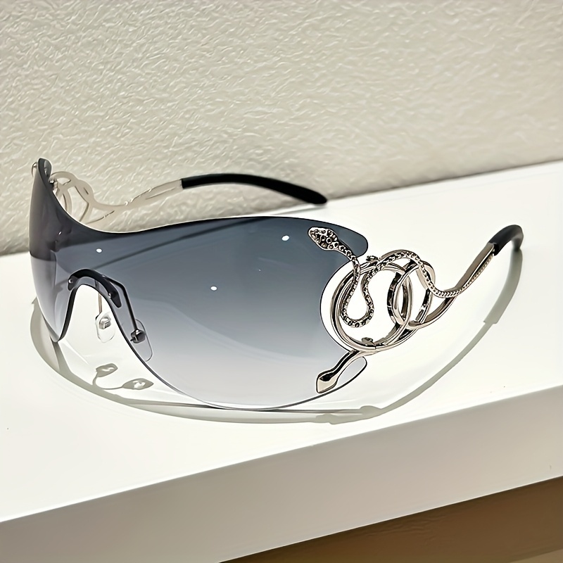 Women Rimless One Piece Shield Sunglasses Uv400 Protective Gradient Lens Eyewear Luxury Metal Snake Ornament Design Lightweight Frame Suitable For Beach Travel Parties And Daily Fashion Outfit Matchin - Image 5