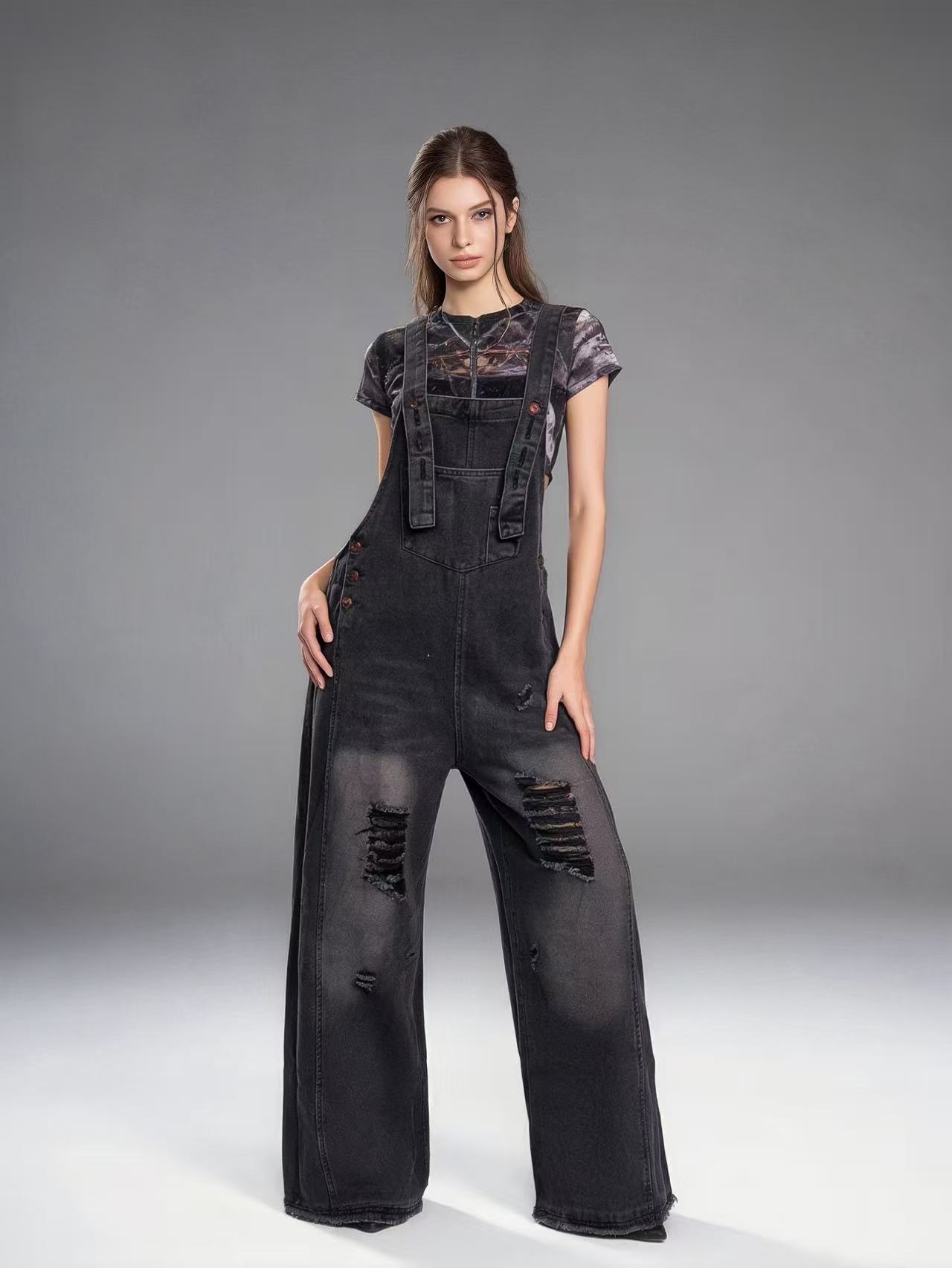 Women's Retro Loose-Fit Wide-Leg Denim Overalls - Image 6