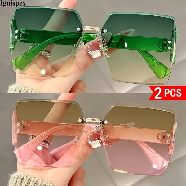 2 Pcs Rimless Square Sunglasses For Wome...