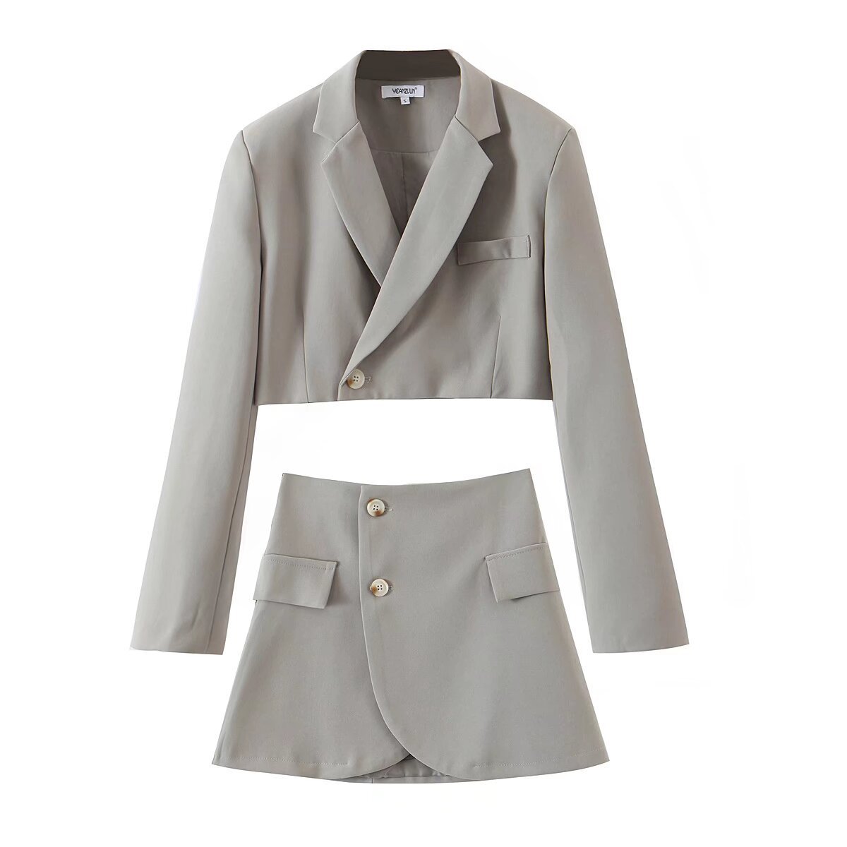 Elegant Cropped Blazer Dress Set With Angled Buttons - Image 5
