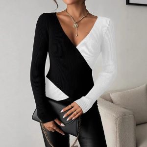 Double-color Long-sleeved Top For Springwomen’s Innerwear