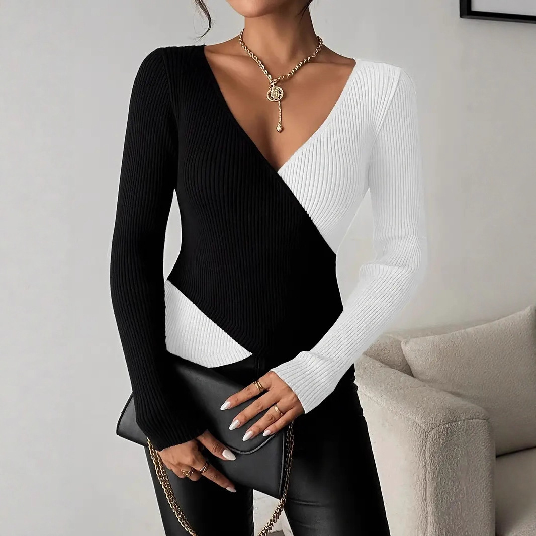 Double-color Long-sleeved Top For Springwomen's Innerwear