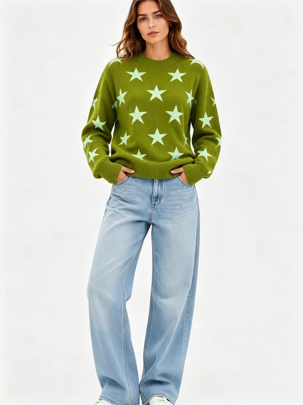 Womens Retro American-Style Star Jacquard Crew-Neck Sweater - Image 6
