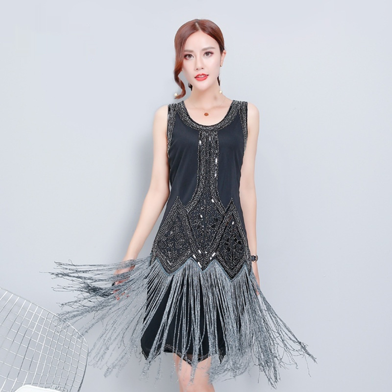 Retro Sequined Elegant Tassel Sleeveless Dress