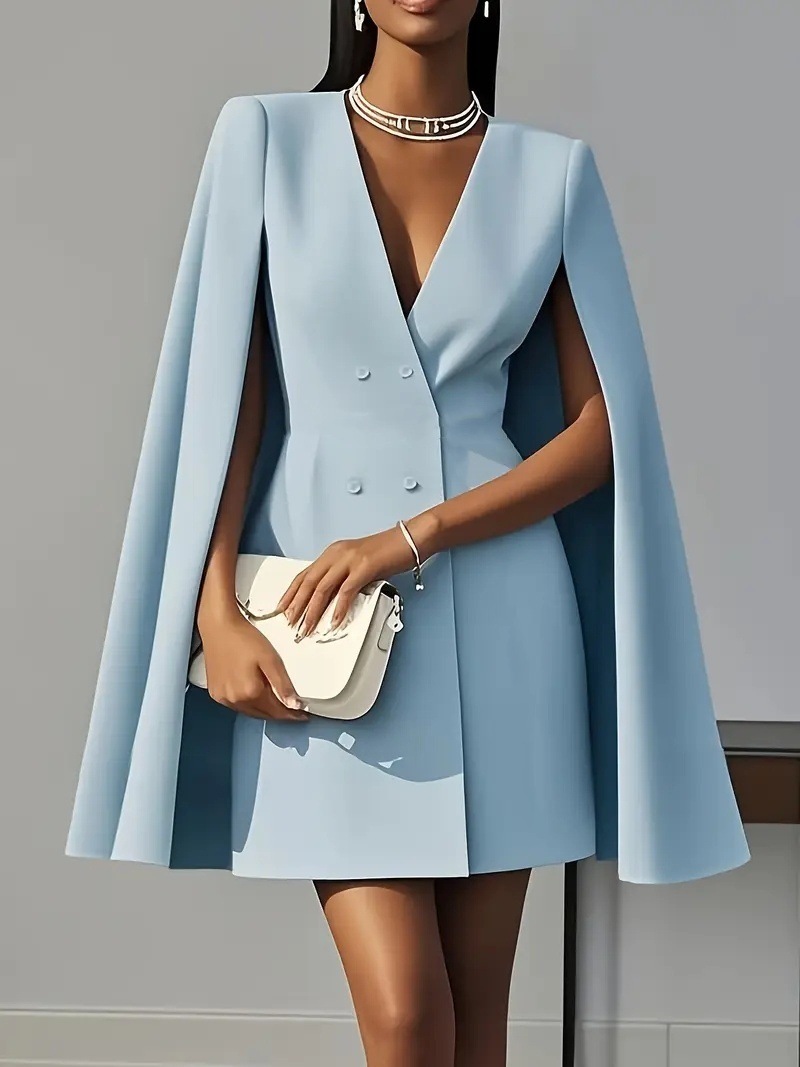 2026 European And American Cross-Border Foreign Trade Women's Clothing Autumn Double-Breasted Shawl Cape Solid Color Suit Dress For Women - Image 8