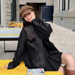 Motorcycle Leather Jacke Womens American-style Retro Top For Spring And Autumn