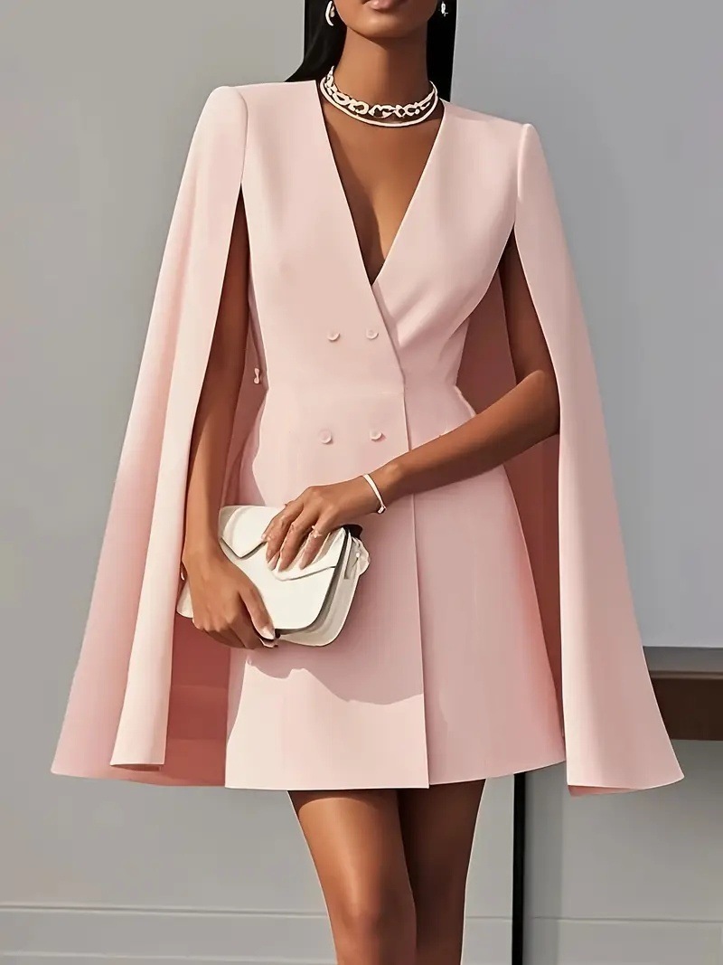 2026 European And American Cross-Border Foreign Trade Women's Clothing Autumn Double-Breasted Shawl Cape Solid Color Suit Dress For Women - Image 9