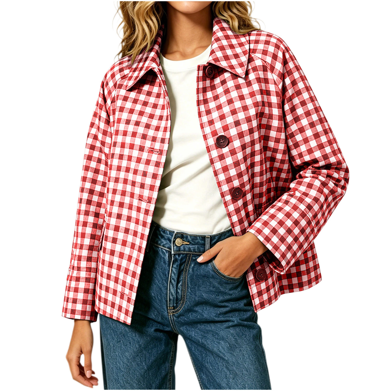 Womens Color-Block Plaid Casual Coat - Image 9