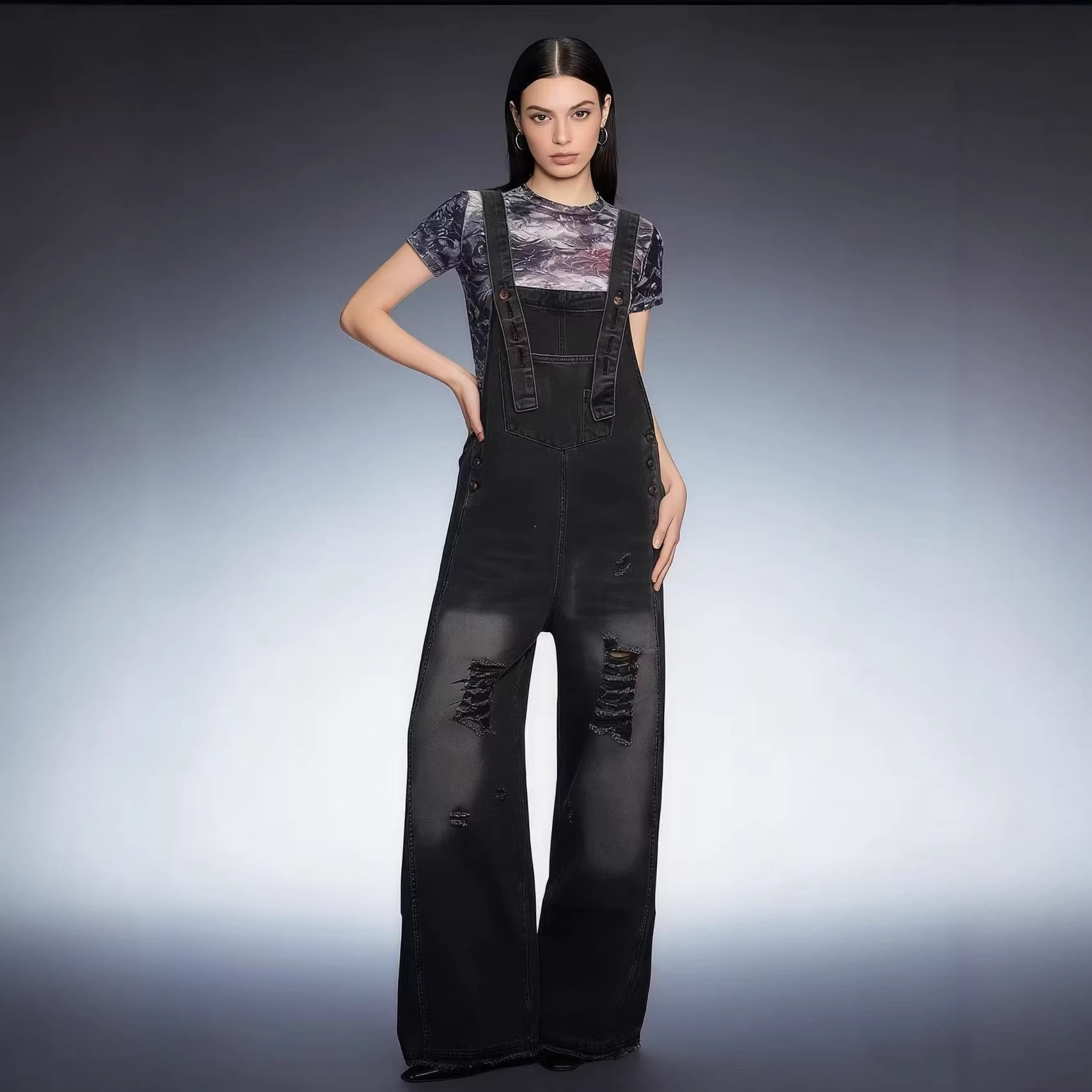 Women's Retro Loose-Fit Wide-Leg Denim Overalls - Image 3