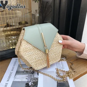 Hexagon Mulit Style Straw+leather Handba...