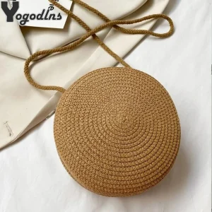 Round Straw Bag Women Woven Beach Crossb...