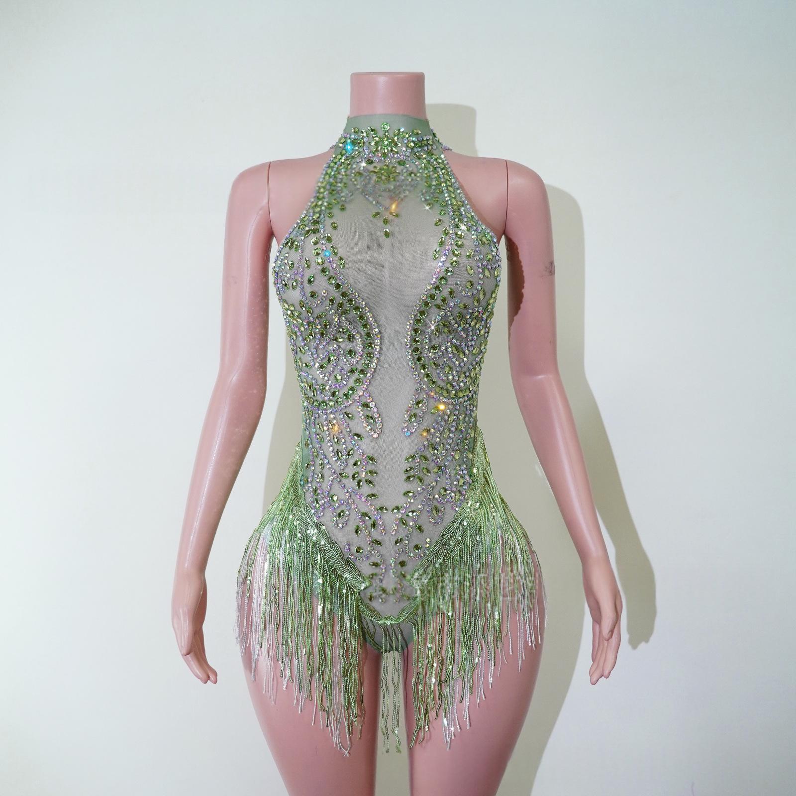 Green Rhinestone Tassel Bodysuit - Image 4