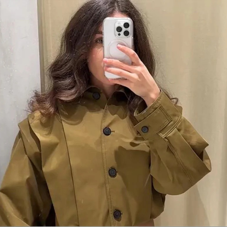 Breasted Pleated Long-sleeve Elegant Commuter Trench Short Coat - Image 3