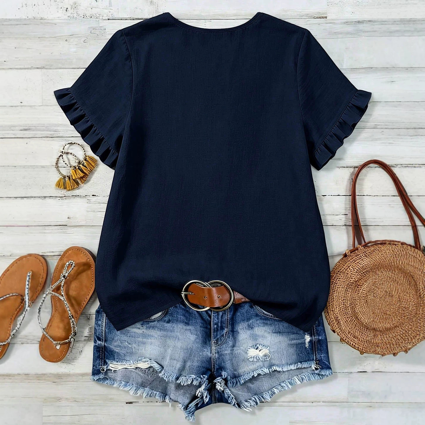V-neck Ruffled Short-sleeved Loose-fitting Breathable Figure-flattering Piece For Commuting - Image 2