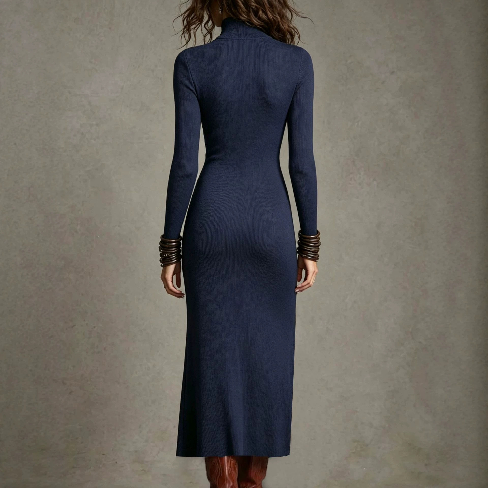AutumnWinter Long-sleeve Hollow-out Slim-fit Dress With A High Slit And Zipper Ribbed Bodycon Skirt For Women - Image 3