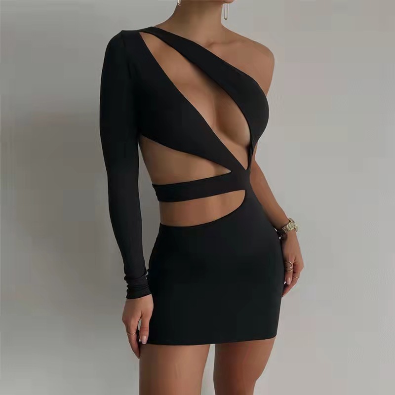 Womens Stylish Off-shoulder Long-sleeve Hollow-out Sheath Dress - Image 7