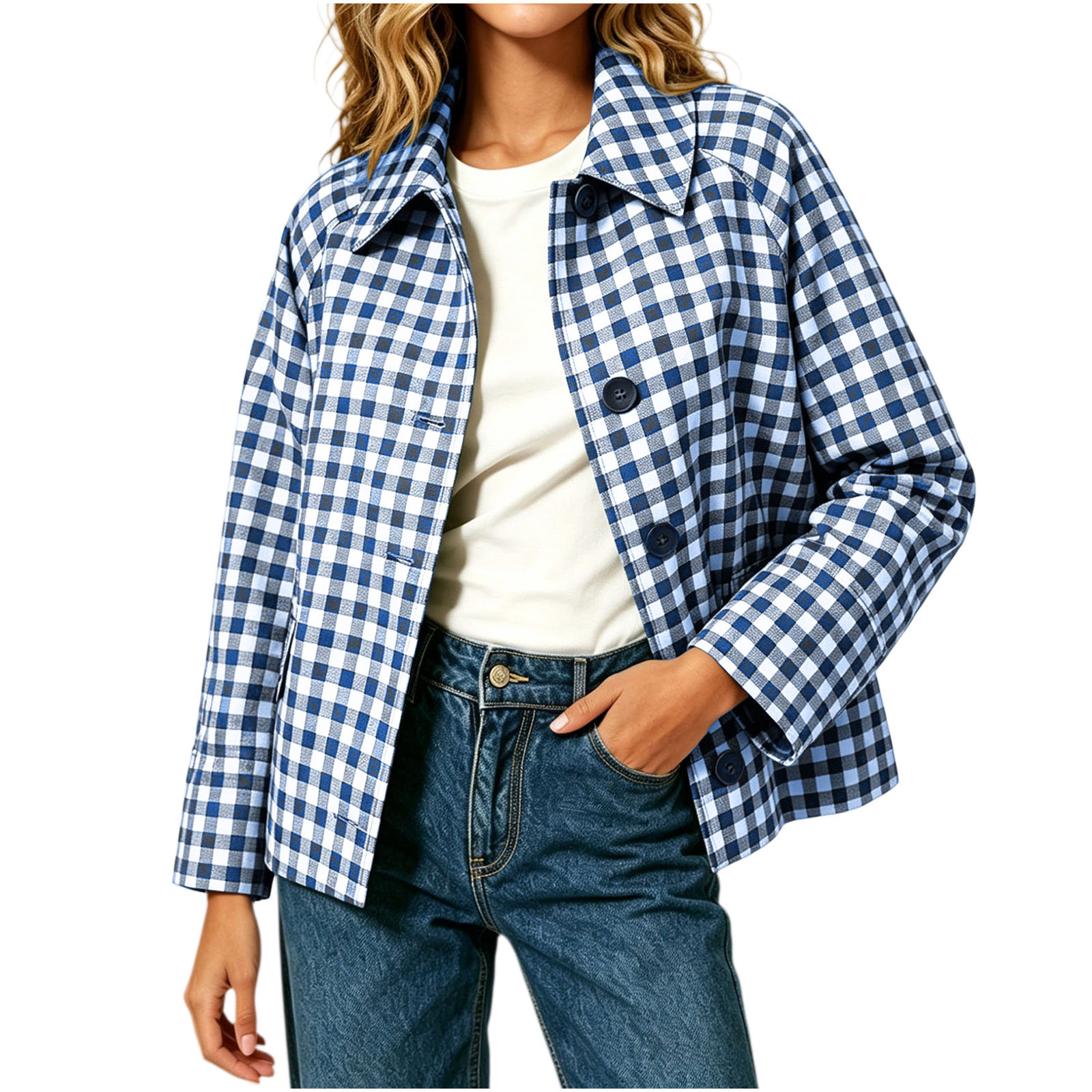 Womens Color-Block Plaid Casual Coat - Image 5