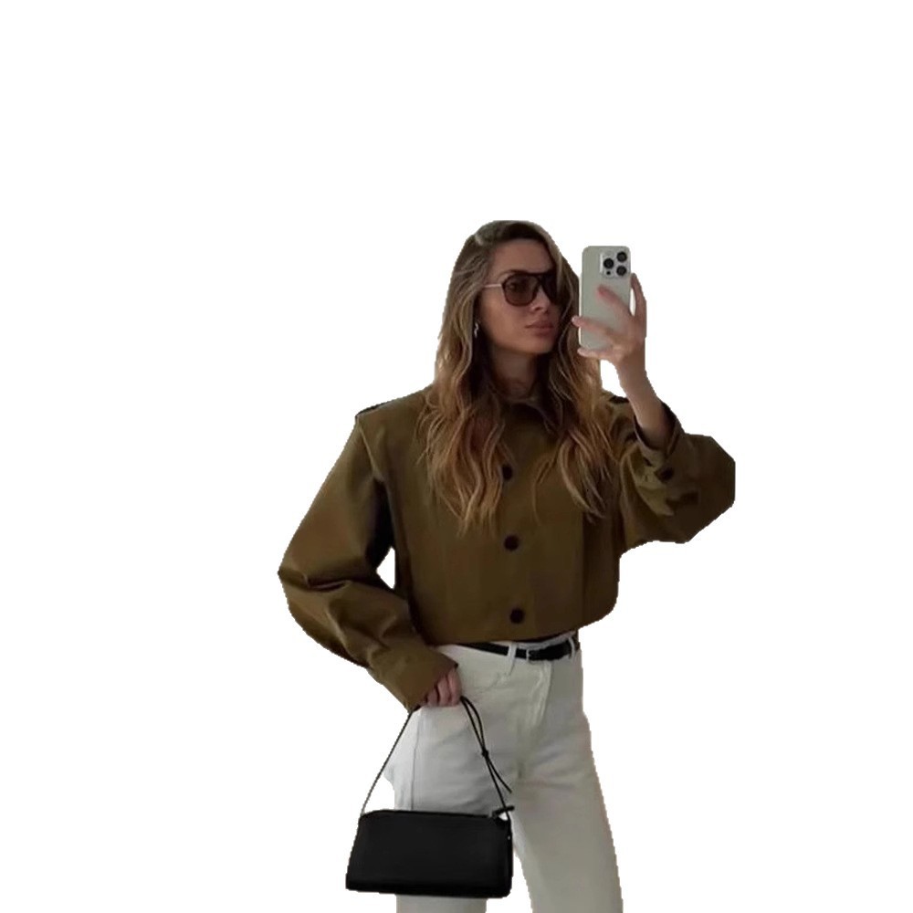 Breasted Pleated Long-sleeve Elegant Commuter Trench Short Coat - Image 5