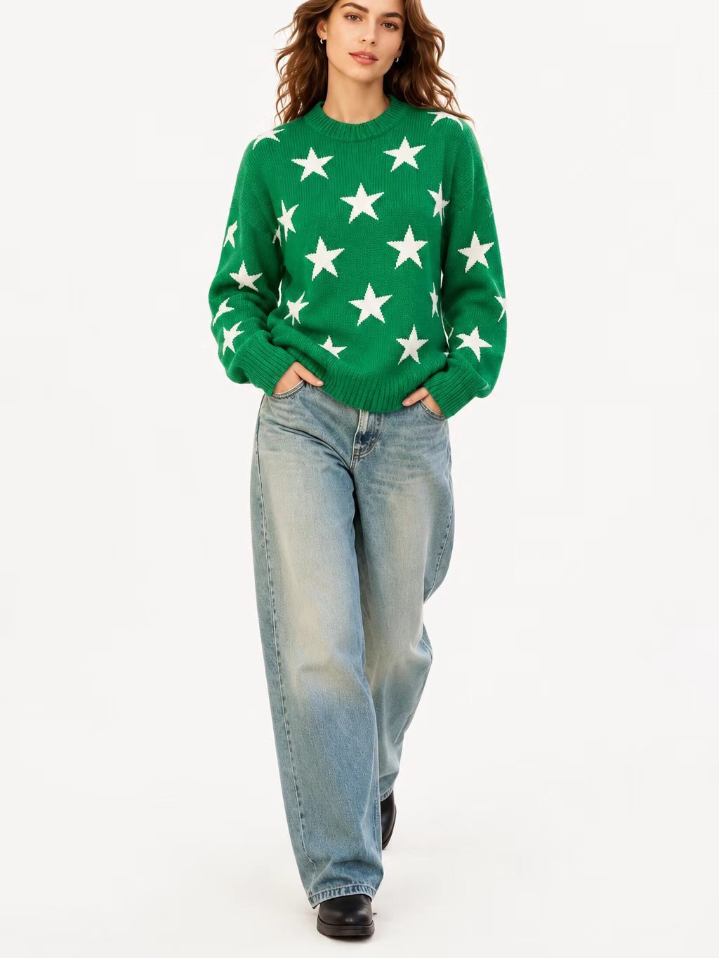 Womens Retro American-Style Star Jacquard Crew-Neck Sweater - Image 10