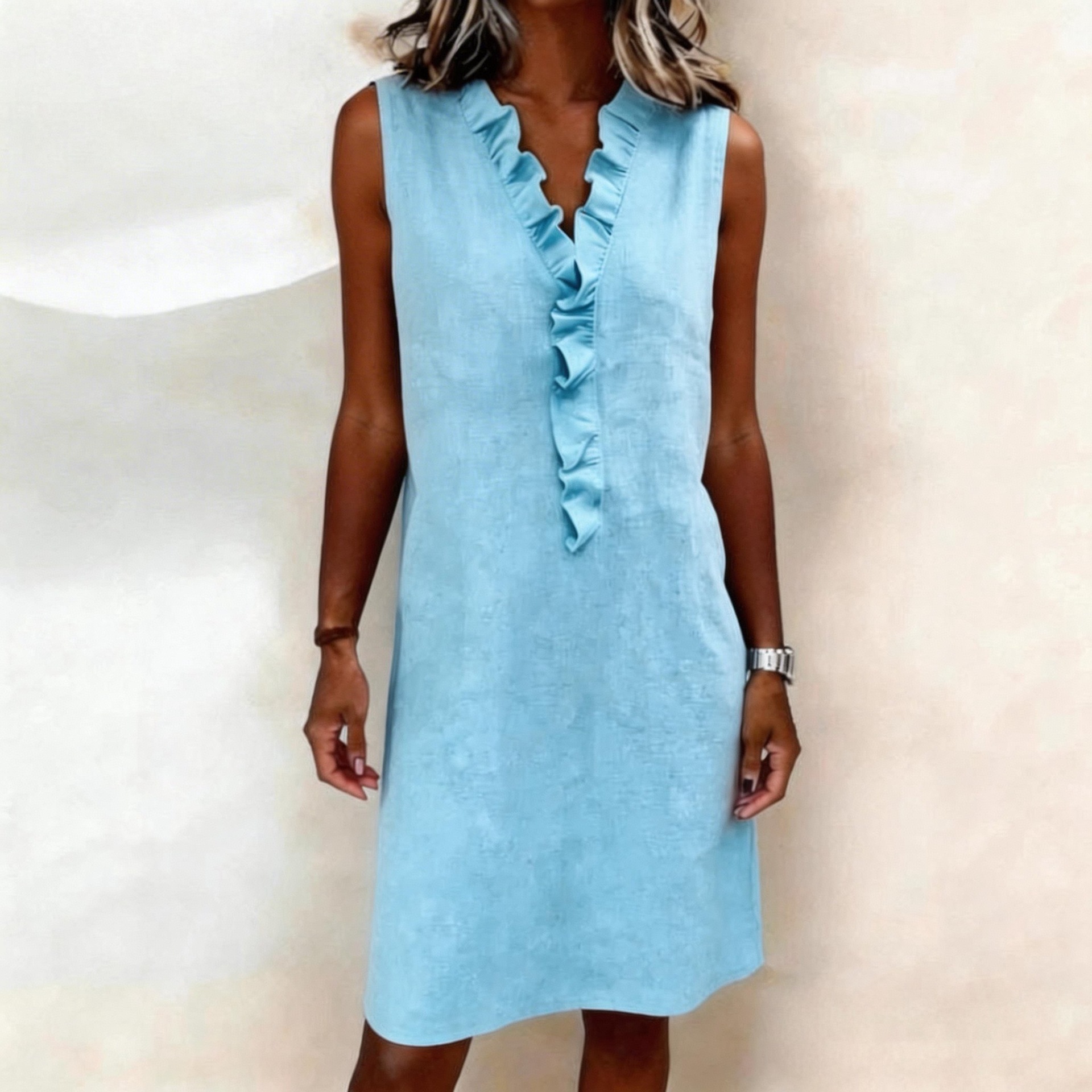 Fashionable Commuter Slimming Cotton-Linen Shirt Dress With Ruffled Edges - Image 6