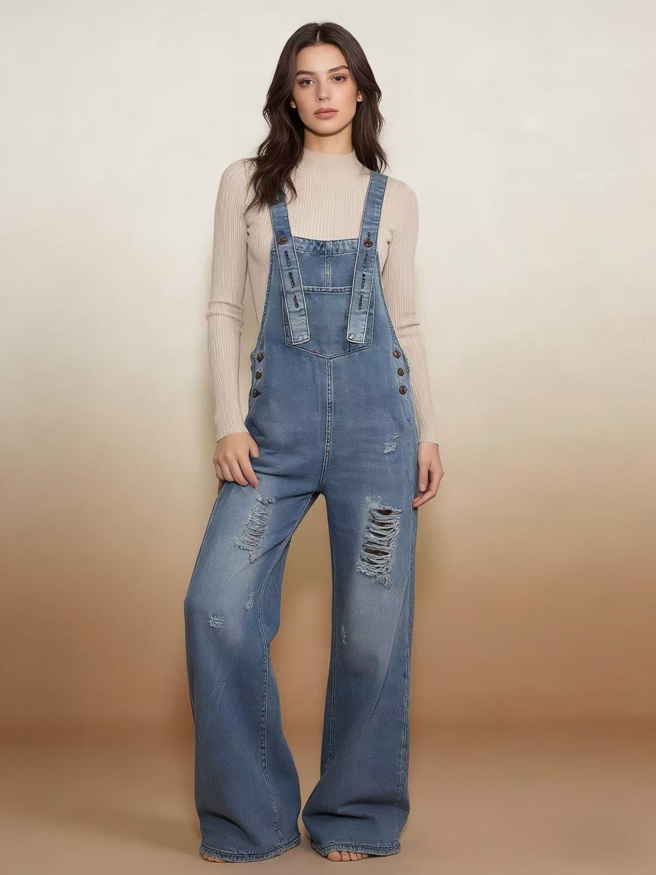 Women's Retro Loose-Fit Wide-Leg Denim Overalls - Image 9