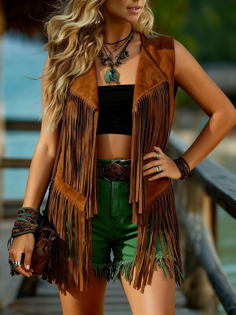 Womens Suede-Look Loose Padded Tassel Vest - Image 6