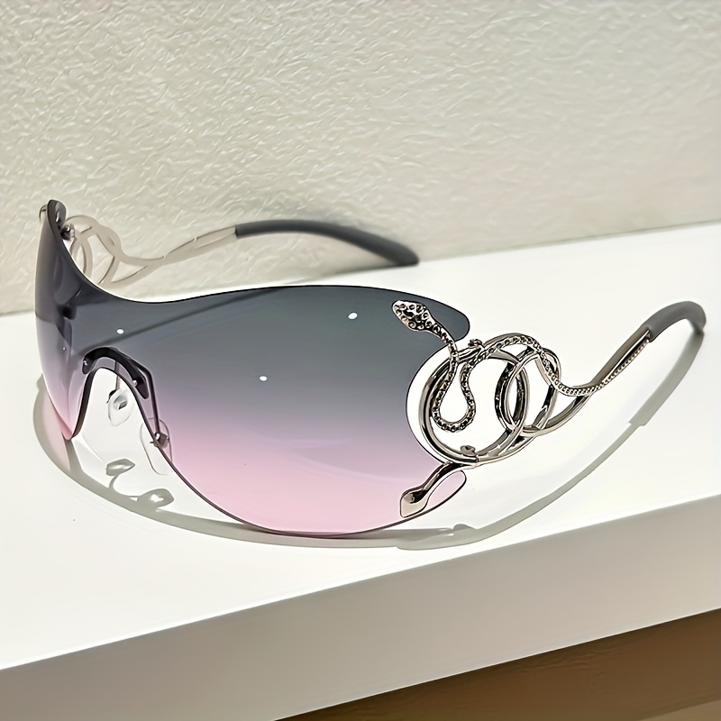 Women Rimless One Piece Shield Sunglasses Uv400 Protective Gradient Lens Eyewear Luxury Metal Snake Ornament Design Lightweight Frame Suitable For Beach Travel Parties And Daily Fashion Outfit Matchin - Image 8