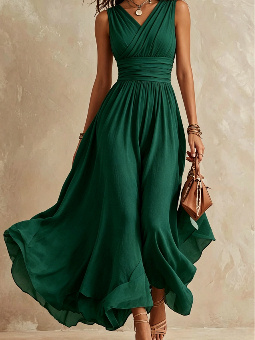 Summer Elegant Slimming Solid-Color Waist-Cinching Sleeveless Dress - Image 2