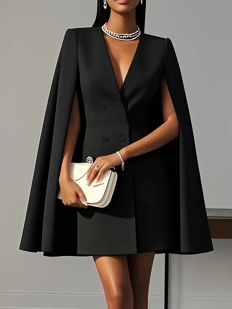 2026 European And American Cross-Border Foreign Trade Women's Clothing Autumn Double-Breasted Shawl Cape Solid Color Suit Dress For Women - Image 7