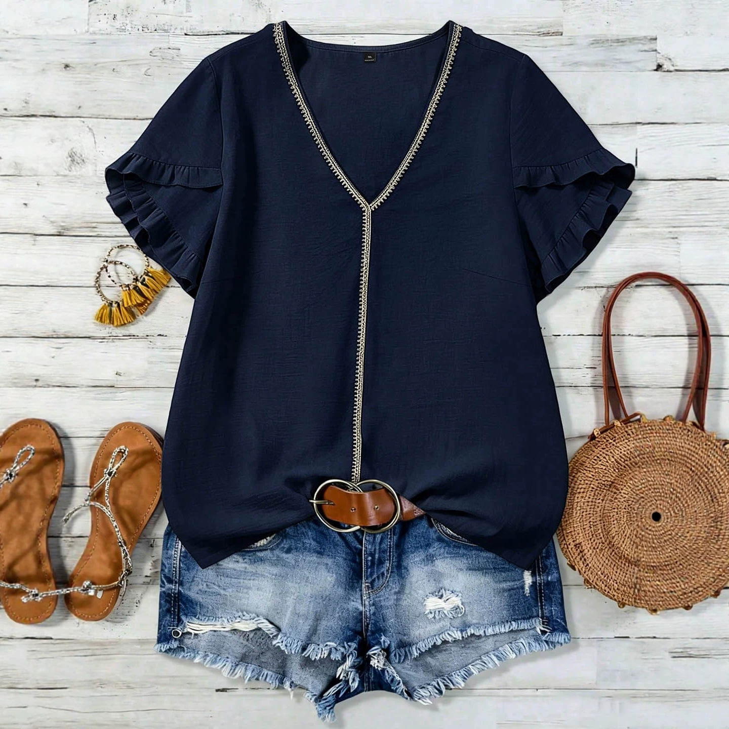 V-neck Ruffled Short-sleeved Loose-fitting Breathable Figure-flattering Piece For Commuting - Image 4