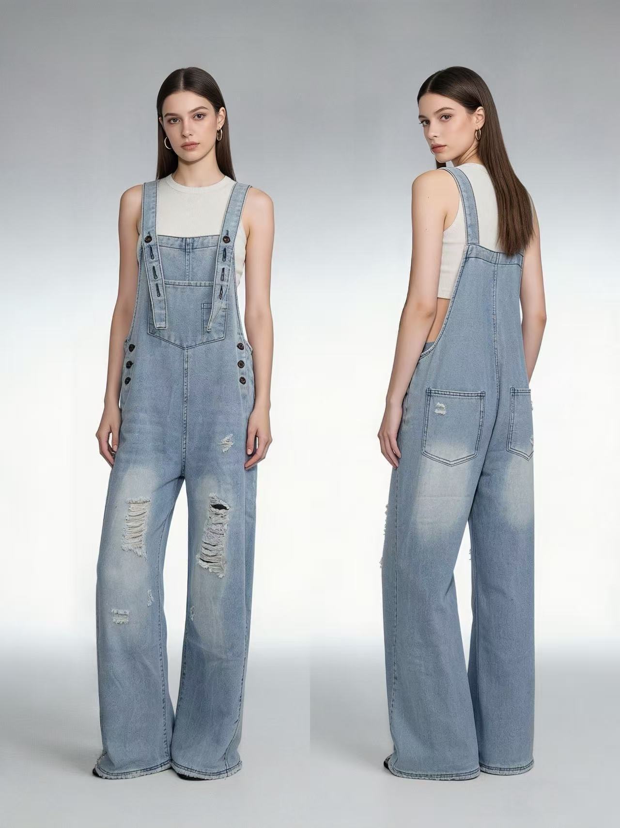 Women's Retro Loose-Fit Wide-Leg Denim Overalls - Image 8