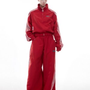 Retro Stand Up Collar Short Jacket Loose Sports And Leisure Set