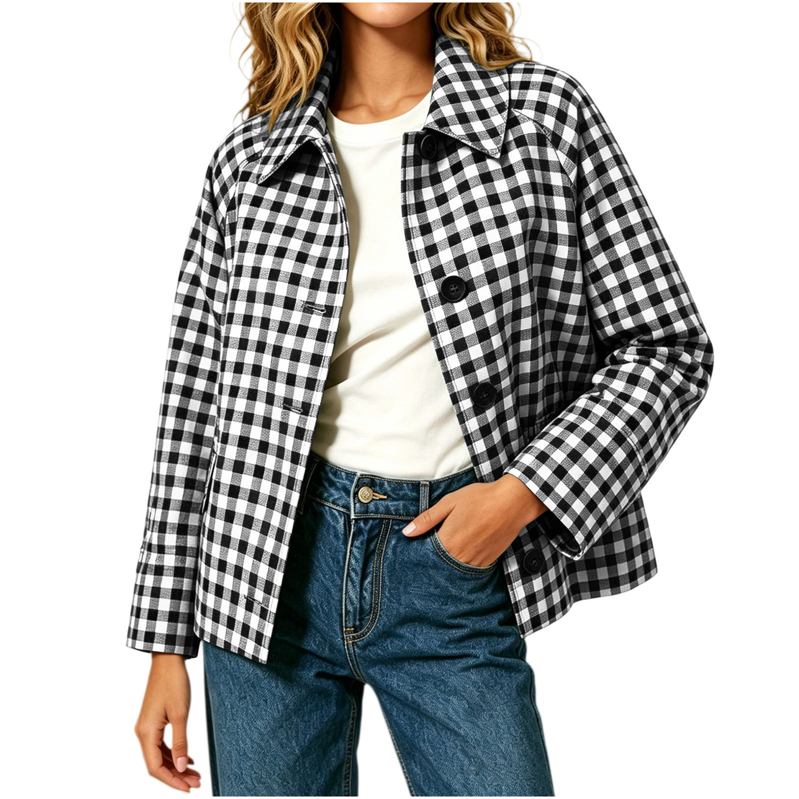Womens Color-Block Plaid Casual Coat - Image 10