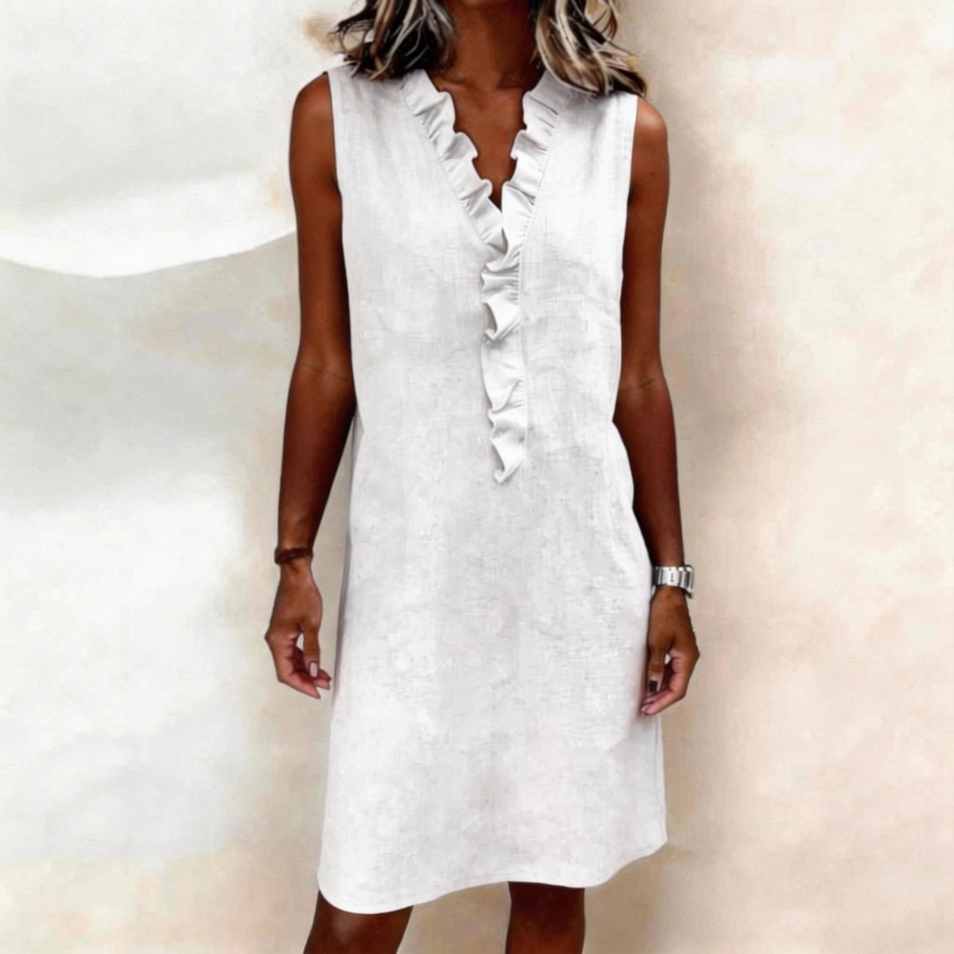 Fashionable Commuter Slimming Cotton-Linen Shirt Dress With Ruffled Edges - Image 3