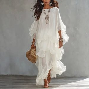 Womens Solid-color Ruffled French-style Dress