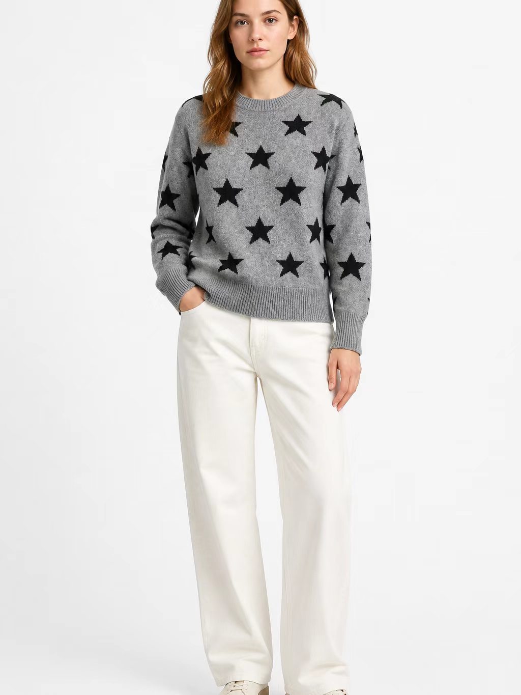 Womens Retro American-Style Star Jacquard Crew-Neck Sweater - Image 9