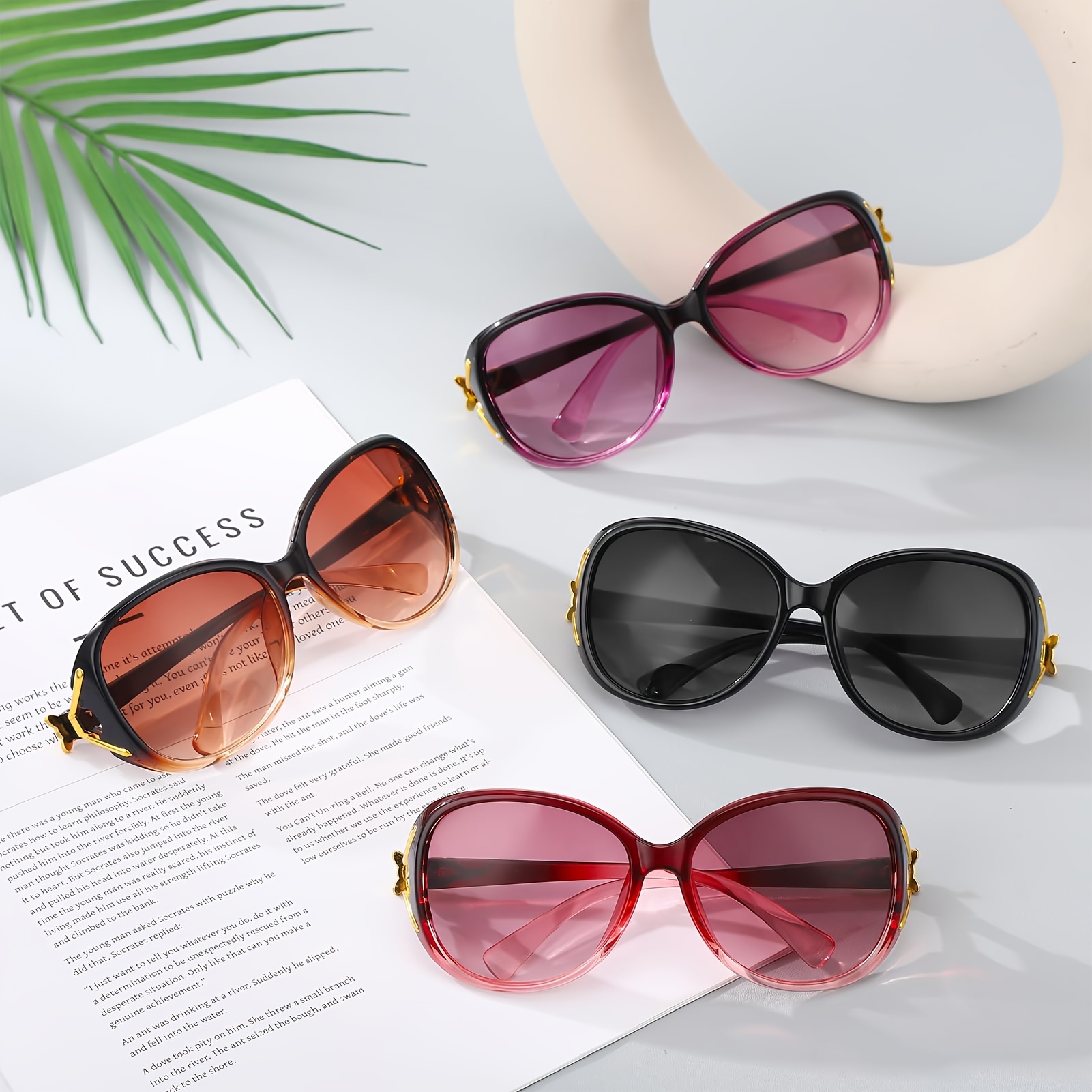 4 Pcs Oversized Oval Sunglasses For Women Uv400 Protective Gradient Lens Eyewear Delicate Gold Metal Side Ornament Comfortable Curved Temple Suitable For Beach Travel Parties And Daily Fashion Outfit - Image 5