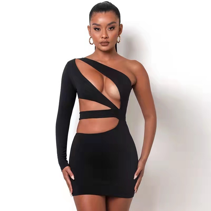 Womens Stylish Off-shoulder Long-sleeve Hollow-out Sheath Dress - Image 3