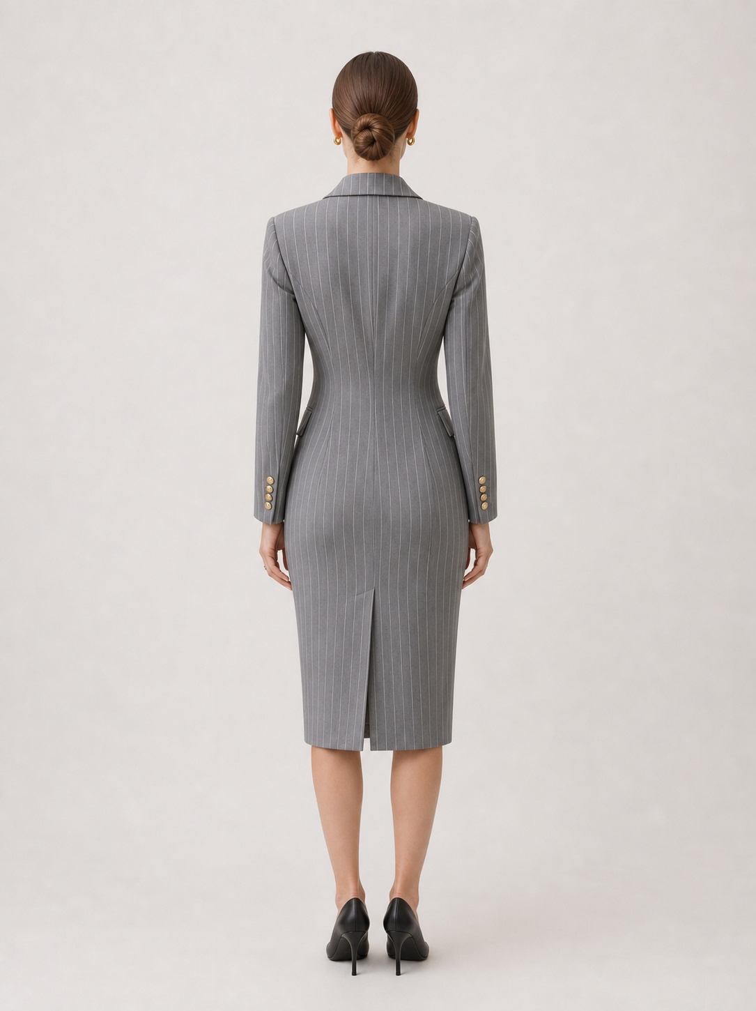 Grey Pinstripe Double-Breasted Blazer Midi Dress - Image 2